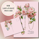 Religious Pink Roses Rosary Virgin Mary Vintage Postcard<br><div class="desc">Featuring a beautiful custom designed image with a lovely traditional religious Catholic image of the holy rosary with pastel pink vintage roses. On the back is a traditional Catholic of the Blessed Virgin Mary, Our Lady of Grace with the same floral rosary design. All text and fonts may be modified....</div>