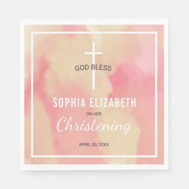 Religious Pink Watercolor Girl Christening Paper Napkins (Front)