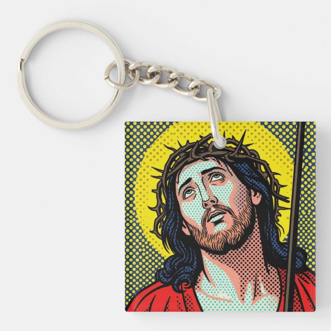 Religious Pop Art Crown of Thorns Halftone Comic P Keychain (Front)
