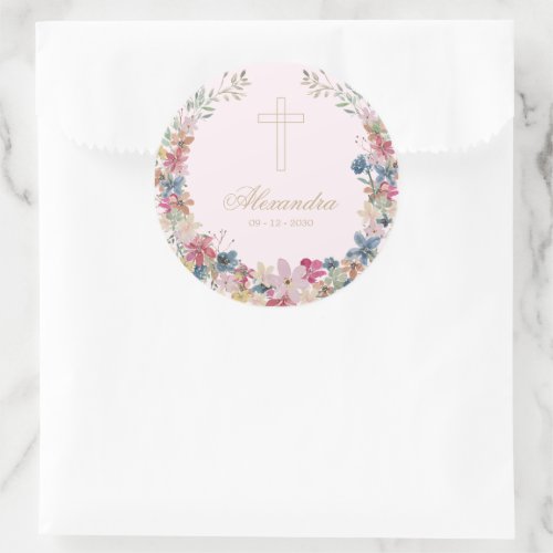 Religious Pretty Field Flowers Gold Color  Classic Round Sticker
