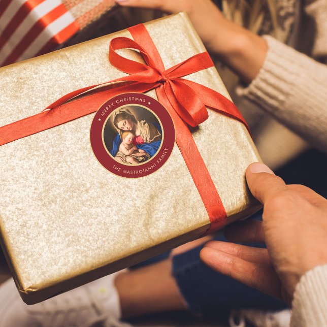 Religious Red & Gold Madonna & Child Christmas Classic Round Sticker (Red and gold religious Christmas gift sticker with Madonna and Child for Catholics and Christians)