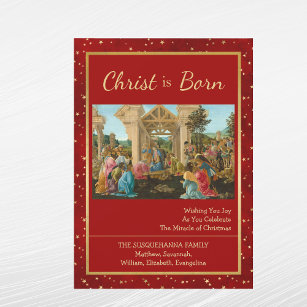 Religious Red Gold Stars Photo Christmas Holiday Card