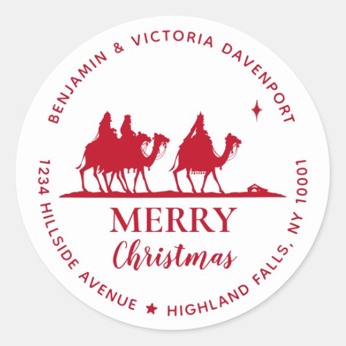 Religious  Red Merry Christmas Return Address Classic Round Sticker