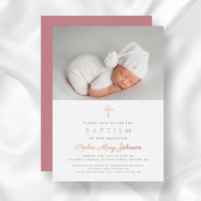 Religious Rose Gold Cross Girl Photo Baptism Foil Invitation (Religious Rose Gold Cross Girl Photo Baptism Foil Invitation)