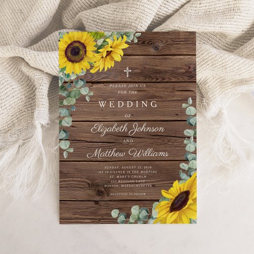 Religious Rustic Sunflower Floral Barn Wedding Invitation