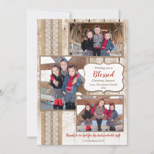 Religious rustic wood 3 photo Christmas card