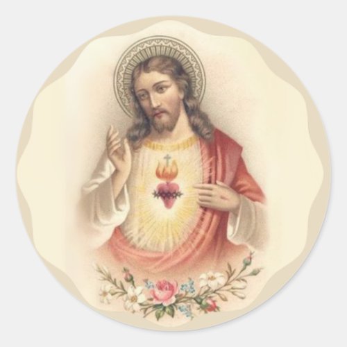 Religious Sacred Heart Jesus Floral Vintage Classic Round Sticker
