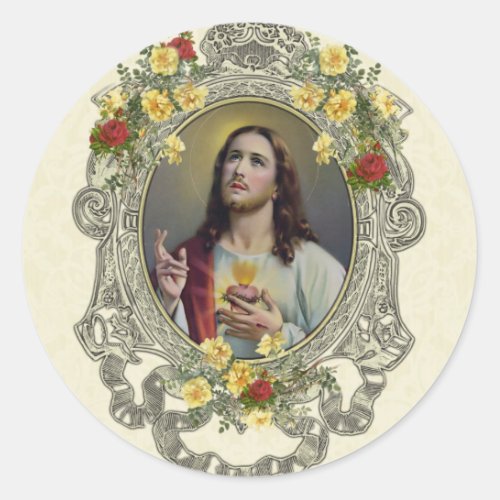 Religious  Sacred Heart Jesus Vintage Roses Classic Round Sticker