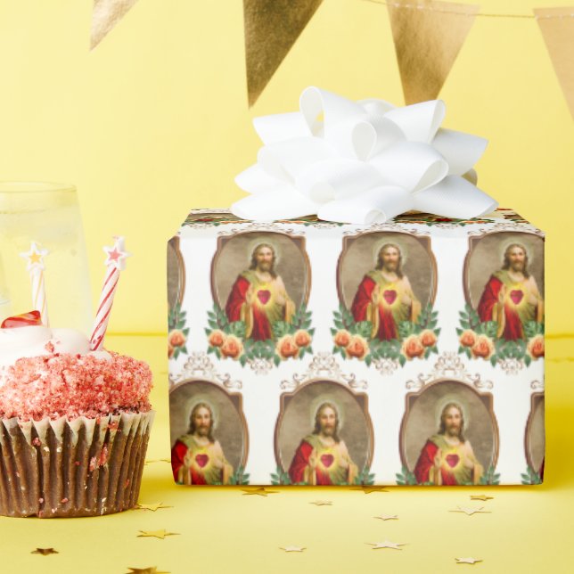Religious Sacred Heart Jesus Yellow Roses Wrapping Paper (Birthday Party)