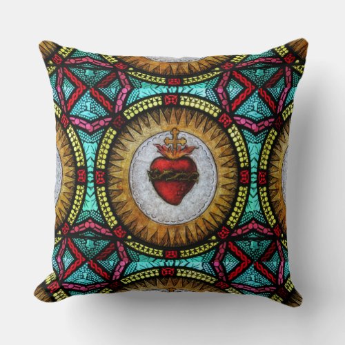 Religious Sacred Heart of Jesus Stained Glass Throw Pillow