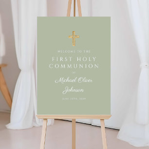 Religious Sage Green Boy First Communion Welcome Foam Board