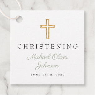 Religious Sage Green Cross Script Christening Favor Tags