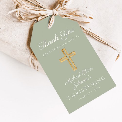Religious Sage Green Wood Cross Christening Gift Tags