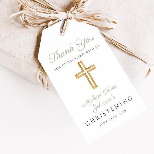 Religious Sage Green Wood Cross Christening Gift Tags