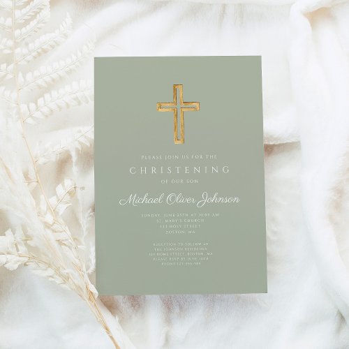 Religious Sage Green Wood Cross Christening Invitation