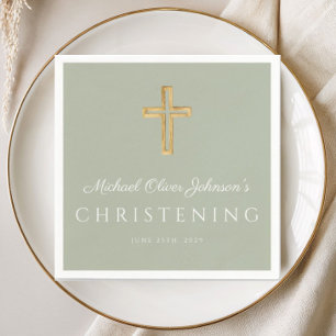Religious Sage Green Wood Cross Christening Napkins