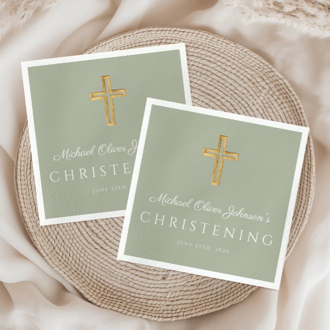 Religious Sage Green Wood Cross Christening  Napkins (Religious Sage Green Wood Cross Christening Napkins)