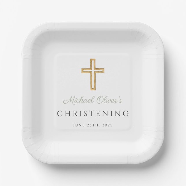 Religious Sage Green Wood Cross Christening Paper Plates (Front)