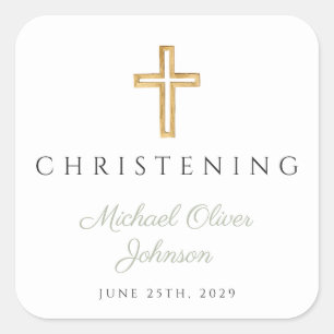 Religious Sage Green Wood Cross Christening Square Sticker