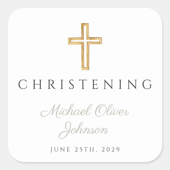 Religious Sage Green Wood Cross Christening  Square Sticker (Front)