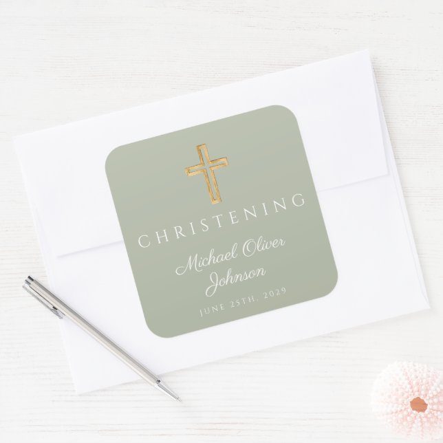 Religious Sage Green Wood Cross Christening Square Sticker (Envelope)