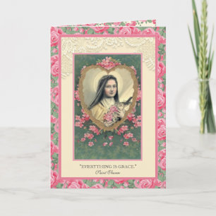 Religious St. Therese Pink Vintage Roses Quote Card
