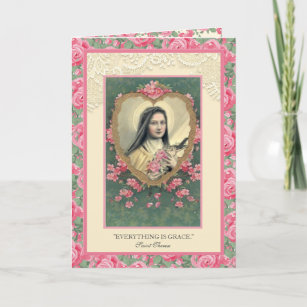Religious St. Therese Pink Vintage Roses Quote  Card