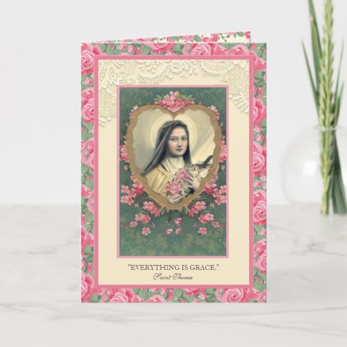 Religious St Therese Pink Vintage Roses Quote  Card