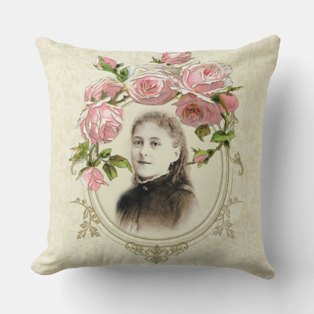 Religious St. Therese Vintage Catholic Roses Throw Pillow (Front)