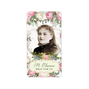 Religious St. Therese Vintage Pink Roses  Label