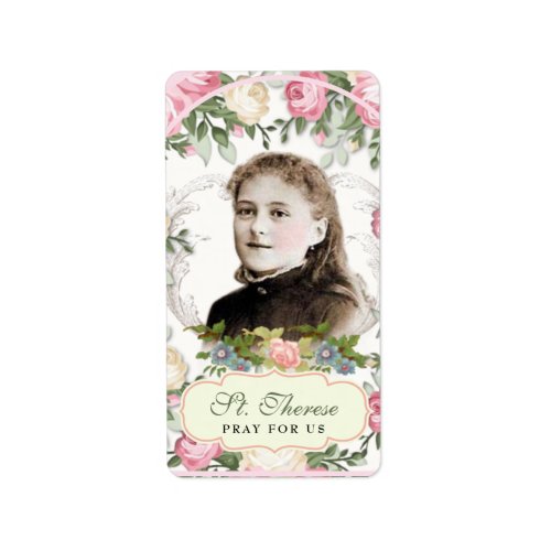 Religious St Therese Vintage Pink Roses  Label