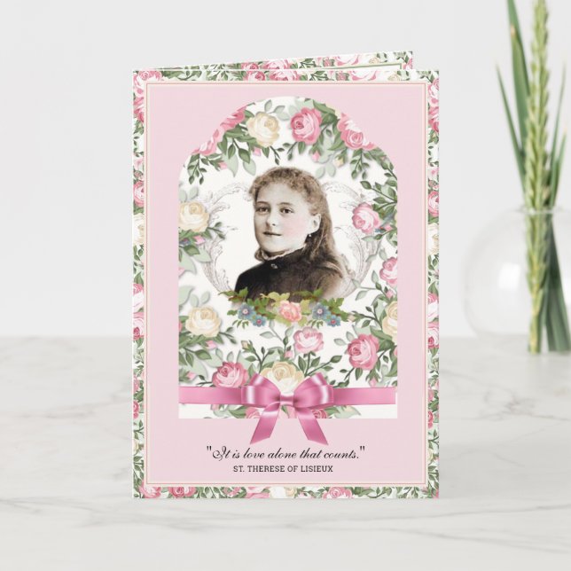 Religious St. Therese Vintage Pink Roses Prayer Card (Front)