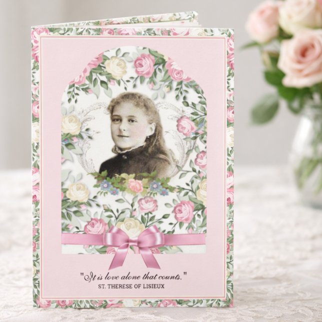 Religious St. Therese Vintage Pink Roses Prayer Card (Creator Uploaded)
