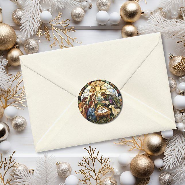Religious Stained Glass Nativity Holiday Classic Round Sticker (Religious Stained Glass Nativity Holiday Classic Round Sticker)