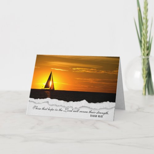 religious sympathy_sunset with sailboat on lake card