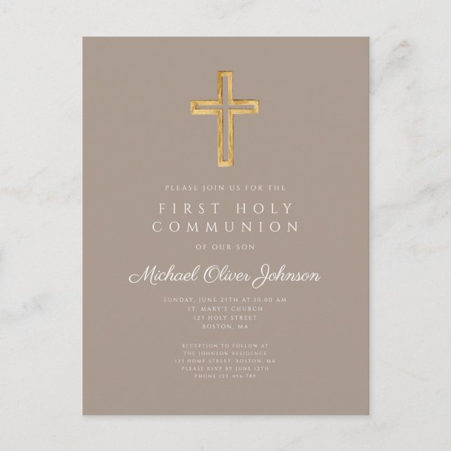 Religious Taupe Beige Boy First Communion  Postcard (Front)
