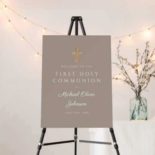 Religious Taupe Boy First Communion Welcome Foam Board