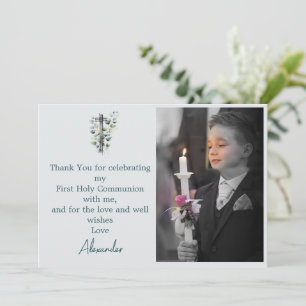 Religious Thank You Photo Boy Botanical Cross Invitation