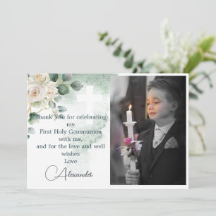 Religious Thank You Photo Gold Roses Green Invitation