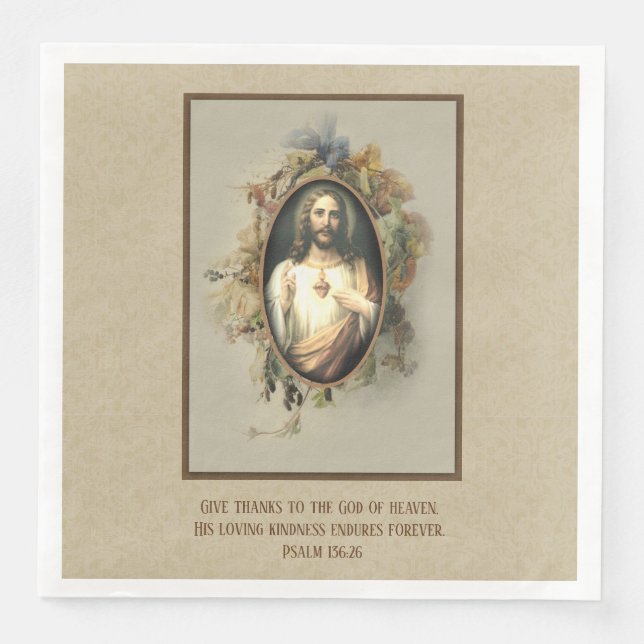 Religious Thanksgiving Sacred Heart Jesus Flowers Paper Dinner Napkins (Front)