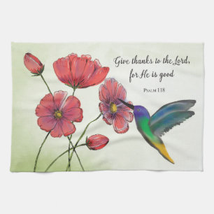 Religious Thinking of You Flowers with Hummingbird Kitchen Towel