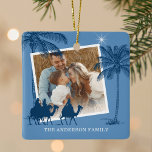 Religious Three Kings 2 Photo Christmas Ceramic Ornament<br><div class="desc">Modern religious christmas ornament featuring a blue background,  2 photos for you to replace with your own,  the three kings,  desert palm trees,  the star of Bethlehem,  and your family name.</div>