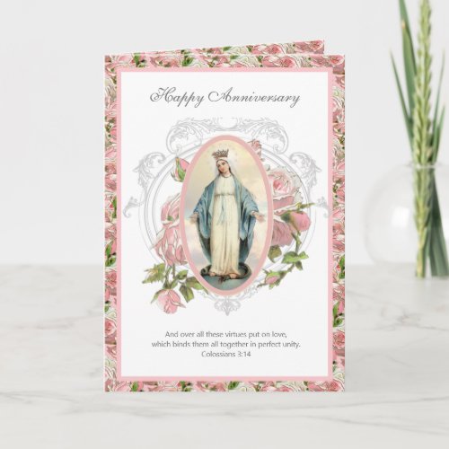 Religious Vintage Anniversary Virgin Mary Roses Card
