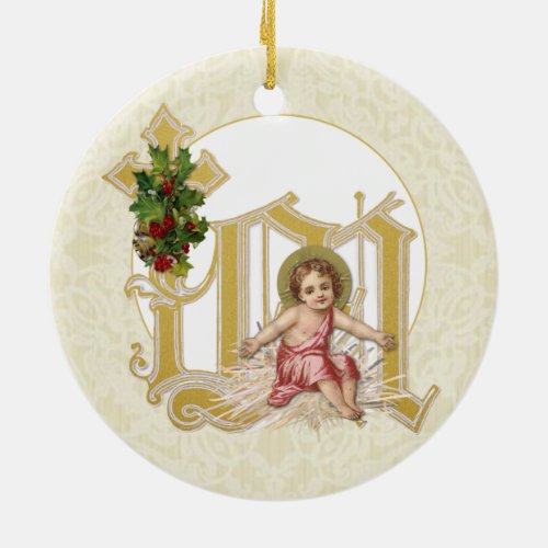 RELIGIOUS VINTAGE BABY JESUS IN MANGER  CERAMIC ORNAMENT