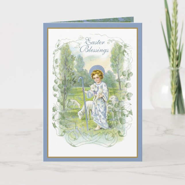 Religious Vintage Easter Jesus with Lambs  Holiday Card (Front)