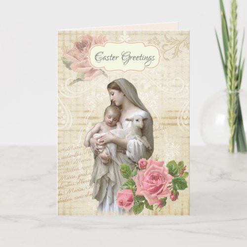 Religious Vintage Happy  Easter Mary Jesus Floral Card