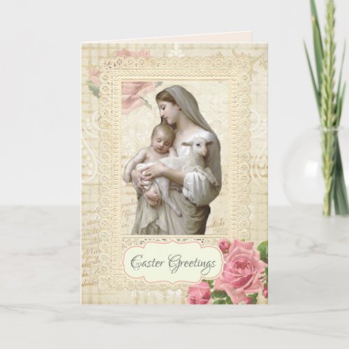 Religious Vintage Happy  Easter Mary Jesus Floral Card