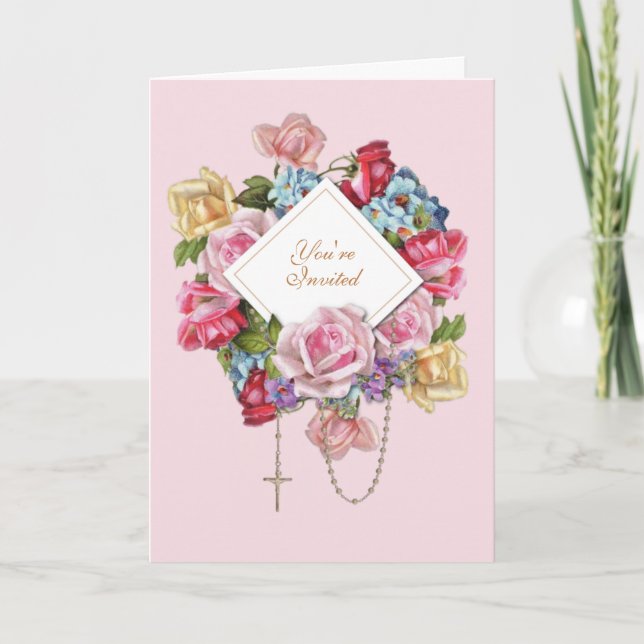 Religious Vintage Roses Rosary Floral Catholic  Card (Front)