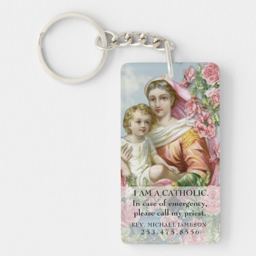 Religious Vintage Virgin Mary and Jesus Roses  Keychain
