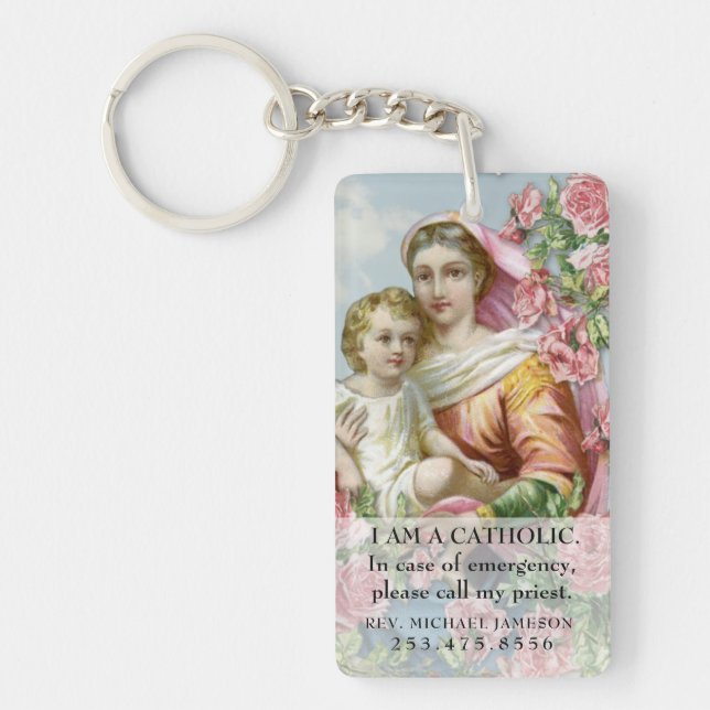 Religious Vintage Virgin Mary and Jesus Roses  Keychain (Front)